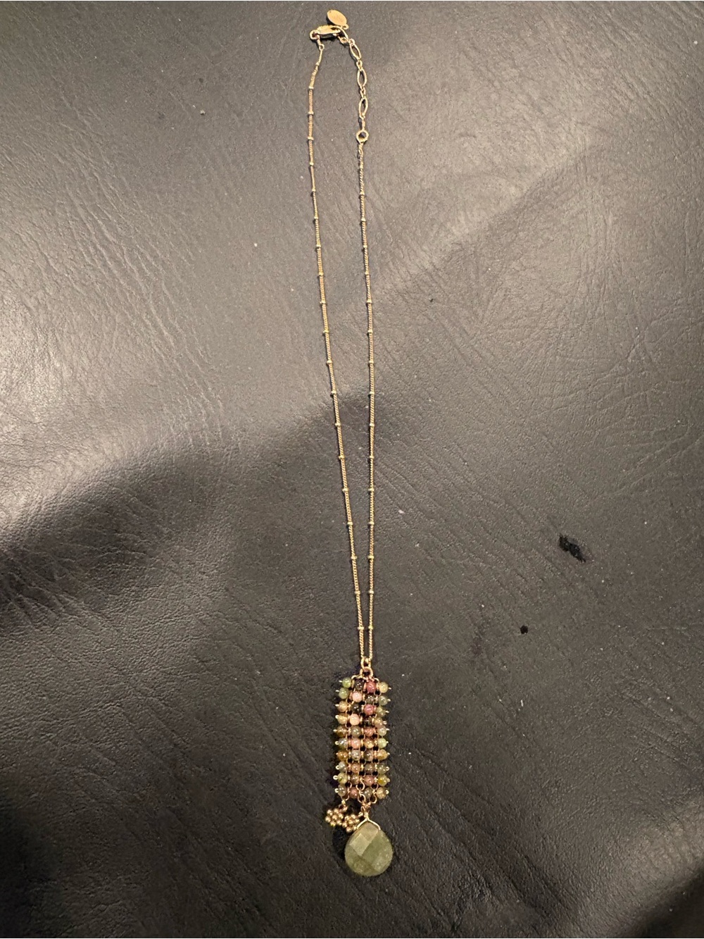 Gold Multi-Bead Pendant Necklace with Green Teardrop